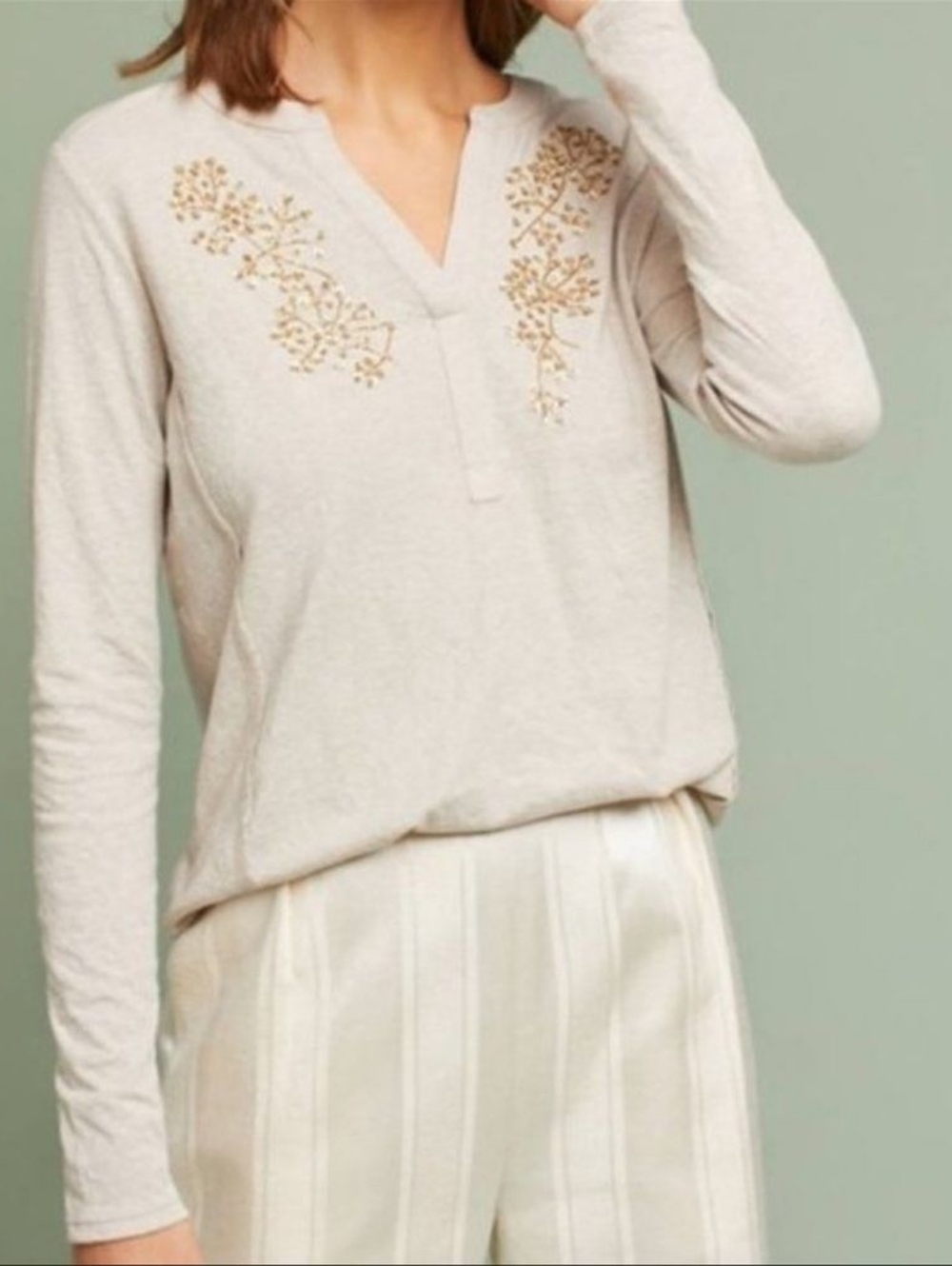 $98 Anthropologie Akemi + Kin Gold Filigree Embroidered Henley Top Pullover